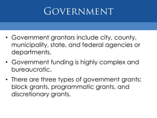 FoundationsThere are 3 types of foundations that may provide funding:Private (foundation/independent)Corporate or Company-sponsoredCommunity Foundations