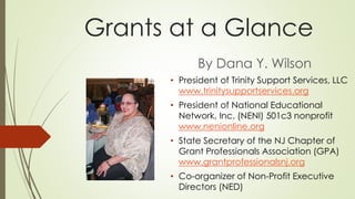 Grants at a Glance
By Dana Y. Wilson
• President of Trinity Support Services, LLC
www.trinitysupportservices.org
• President of National Educational
Network, Inc. (NENI) 501c3 nonprofit
www.nenionline.org
• State Secretary of the NJ Chapter of
Grant Professionals Association (GPA)
www.grantprofessionalsnj.org
• Co-organizer of Non-Profit Executive
Directors (NED)
 