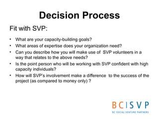 Decision Process <ul><li>Fit with SVP: </li></ul><ul><li>What are your capacity-building goals? </li></ul><ul><li>What are...
