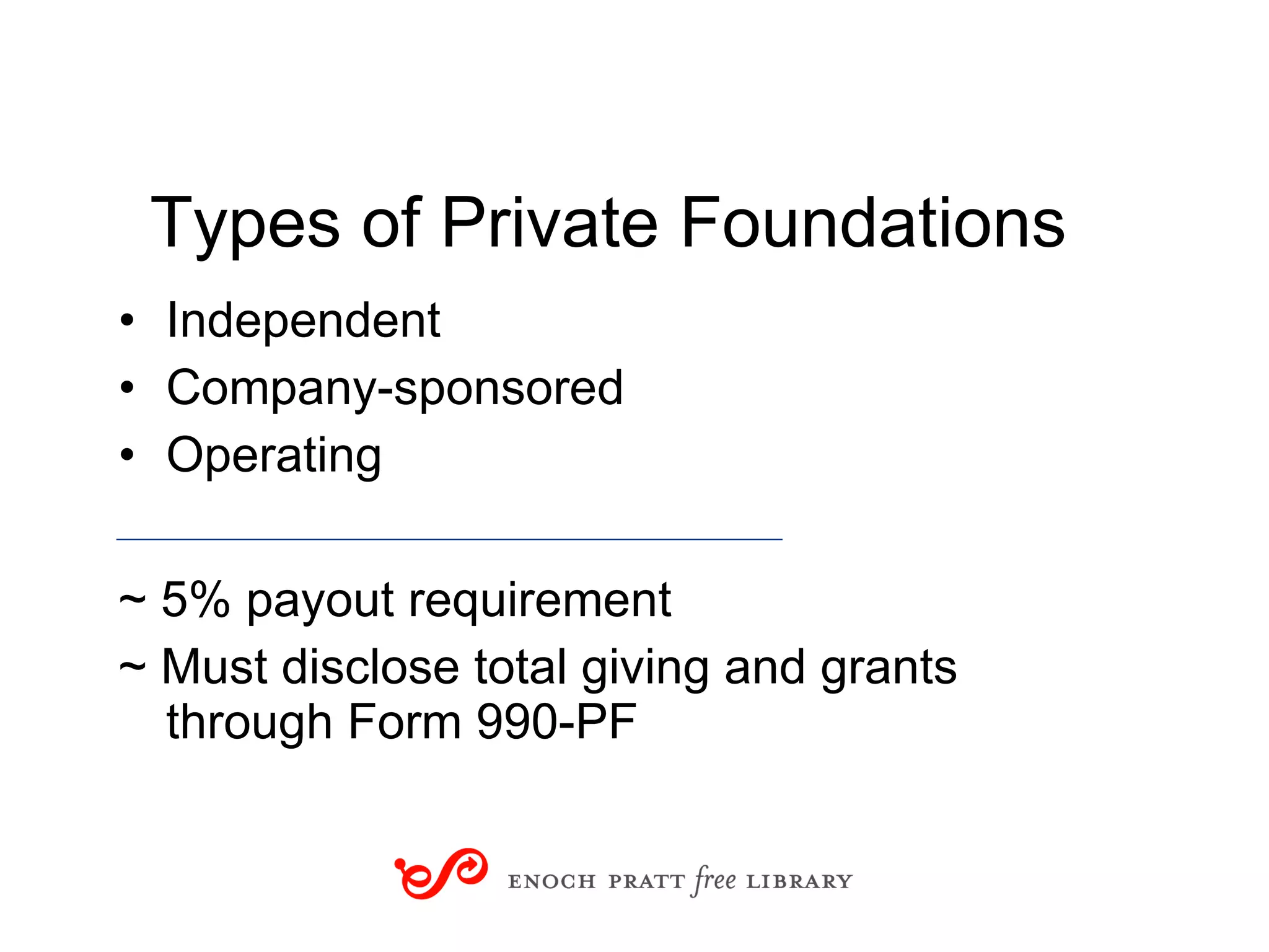 Types of Private Foundations Independent Company-sponsored Operating ~ 5% payout requirement ~ Must disclose total giving and grants through Form 990-PF Part 2: The World of Grantmakers 