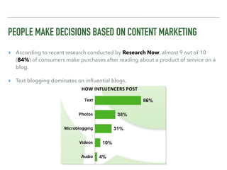 PEOPLE MAKE DECISIONS BASED ON CONTENT MARKETING
▸ According to recent research conducted by Research Now, almost 9 out of 10
(84%) of consumers make purchases after reading about a product of service on a
blog.
▸ Text blogging dominates on inﬂuential blogs.
 