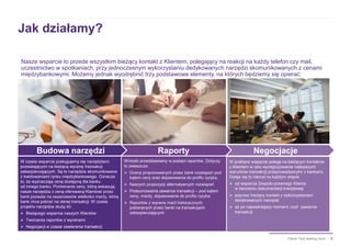 6Pakiet Twój dealing room
Jak działamy?
Nasze wsparcie to przede wszystkim bieżący kontakt z Klientem, polegający na reakcji na każdy telefon czy mail,
uczestnictwo w spotkaniach, przy jednoczesnym wykorzystaniu dedykowanych narzędzi skomunikowanych z cenami
międzybankowymi. Możemy jednak wyodrębnić trzy podstawowe elementy, na których będziemy się opierać:
W czasie wsparcia posługujemy się narzędziami
pozwalającymi na bieżącą wycenę transakcji
zabezpieczających. Są to narzędzia skomunikowane
z kwotowaniami rynku międzybankowego. Oznacza
to, że wyznaczają cenę dostępną dla banku
od innego banku. Porównanie ceny, którą wskazują
nasze narzędzia z ceną oferowaną Klientowi przez
bank pozwala na oszacowanie wielkości marży, którą
bank chce pobrać na danej transakcji. W czasie
projektu narzędzia służą do:
 Bieżącego wsparcia naszych Klientów
 Tworzenia raportów z wycenami
 Negocjacji w czasie zawierania transakcji
Wnioski przedstawiamy w postaci raportów. Dotyczy
to zwłaszcza:
 Oceny proponowanych przez bank rozwiązań pod
kątem ceny oraz dopasowania do profilu ryzyka,
 Naszych propozycji alternatywnych rozwiązań
 Podsumowania zawarcia transakcji – pod kątem
ceny, marży, dopasowania do profilu ryzyka
 Raportów z wycena marż historycznych
pobieranych przez banki na transakcjach
zabezpieczających
NegocjacjeRaportyBudowa narzędzi
W praktyce wsparcie polega na bieżącym kontakcie
z Klientem w celu wynegocjowania najlepszych
warunków transakcji przeprowadzanymi z bankami.
Dzieje się to niemal na każdym etapie:
 od wsparcia Zespołu prawnego Klienta
w tworzeniu dokumentacji kredytowej
 poprzez bieżący kontakt z wykorzystaniem
dedykowanych narzędzi
 aż po najważniejszy moment, czyli zawarcie
transakcji
 