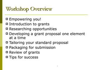 Workshop Overview Empowering you! Introduction to grants Researching opportunities Developing a grant proposal one element at a time Tailoring your standard proposal Packaging for submission Review of grants Tips for success 