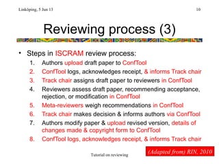 Reviewing process (3)
• Steps in ISCRAM review process:
1. Authors upload draft paper to ConfTool
2. ConfTool logs, acknow...