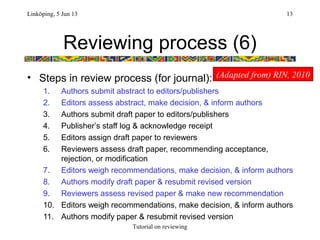 Reviewing process (6)
• Steps in review process (for journal):
1. Authors submit abstract to editors/publishers
2. Editors...