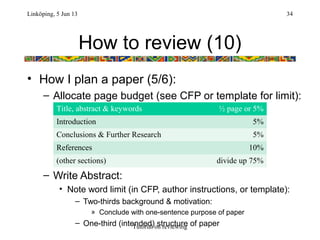 How to review (10)
• How I plan a paper (5/6):
– Allocate page budget (see CFP or template for limit):
– Write Abstract:
•...