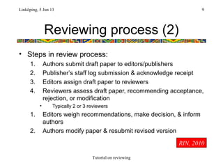 Reviewing process (2)
• Steps in review process:
1. Authors submit draft paper to editors/publishers
2. Publisher’s staff ...