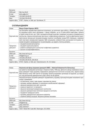 59
Контакти:
WEB-сайт http://ua.mfa.lt/
E-mail amb.ua@urm.lt
Телефон +38 (044) 254-09-20
Факс +38 (044) 254-09-28
Адреса офісу 01901, Україна, м. Київ, вул. Буслівська, 21
Суспільні донори
Назва Фонд «Східна Європа» (ФСЄ)
Короткий опис
Це благодійна неприбуткова українська організація, що розпочала свою роботу у 2008 році. ФСЄ успіш-
но продовжує роботу свого засновника — фонду «Євразія», що за 15 років роботи інвестував у проекти
в Україні понад 44 млн. дол. США, підтримуючи місцеві ініціативи, спрямовані на розвиток громадянського
суспільства, сприяння економічному зростанню та ефективному управлінню. З метою ефективнішої реалі-
зації власних програм для підтримки місцевих ініціатив та розбудови громад ФСЄ співпрацює з мережею
своїх партнерів: громадськими лідерами, НДО, асоціаціями, університетами, дослідними інституціями, ор-
ганами місцевого самоврядування та організаціями, що надають технічну допомогу. 
Пріоритети
діяльності
– місцевий економічний розвиток;
– місцевий соціальний розвиток
– розвиток громадянського суспільства та ефективне управління;
– екологія та енергоефективність.
Контакти:
WEB-сайт http://www.eef.org.ua/
E-mail info@eef.org.ua
Телефон +38 (044) 200-38-24
Факс +38 (044) 200-38-25, 200-38-26
Адреса офісу 01033, Україна, м. Київ, вул. Саксаганського, 83, 3-й поверх
Назва Національний фонд підтримки демократії (NED — National Endowment for Democracy)
Короткий опис
Це приватна некомерційна організація, створена в США у 1983 році. Діяльність фонду спрямована на роз-
виток демократії через підтримку недержавних демократичних інститутів по всьому світу. Щорічно фонд
NED виплачує понад 1000 грантів на підтримку проектів неурядових організацій за кордоном, що працю-
ють над досягненням демократичних цілей у більш ніж 90 країнах.
Пріоритети
діяльності
Національний фонд підтримки демократії зацікавлений у підтримці пропозицій місцевих незалежних орга-
нізацій, спрямованих:
– на заохочення і захист прав людини і верховенство закону;
– підтримку свободи інформації та незалежних засобів масової інформації;
– зміцнення демократичних ідей і цінностей;
– сприяння підзвітності та прозорості;
– зміцнення організацій громадянського суспільства;
– зміцнення демократичних політичних процесів та інститутів;
– поширення громадської освіти;
– підтримку демократичного вирішення конфліктів;
– сприяння свободі асоціацій, зміцнення ринкової економіки.
Контакти:
WEB-сайт http://www.ned.org/
E-mail info@ned.org
Телефон (202) 378-97-00
Факс (202) 378-94-07
Адреса офісу 1025 F Street NW, Suite 800, Washington, DC 20004
 