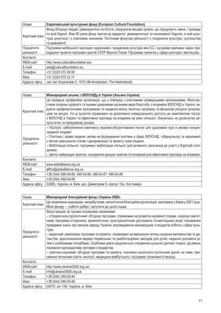 63
Назва Європейський культурний фонд (European Cultural Foundation)
Короткий опис
Фонд об’єднує людей і демократичні інститути, поєднуючи місцеві органи, що продукують зміни, і громади
по всій Європі. Вже 60 років фонд прагне до відкритої, демократичної та інклюзивної Європи, в якій куль-
тура цінується і є ключовим чинником. Поточним фокусом діяльності є поєднання культури, суспільства
та демократії.
Пріоритети
діяльності
Підтримка мобільності молодих художників і працівників культури між ЄС і сусідніми країнами через при-
кордонні проекти програми грантів STEP Beyond Travel. Підтримка проектів у сфері культури і мистецтва.
Контакти:
WEB-сайт http://www.culturalfoundation.eu/
E-mail ask@culturalfoundation.eu
Телефон +31 (0)20 573 38 68
Факс +31 (0)20 675 22 31
Адреса офісу Jan van Goyenkade 5, 1075 HN Amsterdam, The Netherlands
Назва Міжнародний альянс з ВІЛ/СНІДу в Україні (Альянс-Україна)
Короткий опис
Це провідна професійна організація, що у співпраці з ключовими громадськими організаціями, Міністер-
ством охорони здоров’я та іншими урядовими органами веде боротьбу з епідемією ВІЛ/СНІД в Україні, ке-
руючи профілактичними програмами та надаючи якісну технічну підтримку та фінансові ресурси організа-
ціям на місцях. Усі ці зусилля спрямовані на досягнення універсального доступу до комплексних послуг
з ВІЛ/СНІД в Україні та ефективної відповіді на епідемію на рівні спільнот, базуючись на досягнутих ре-
зультатах та передовому досвіді.
Пріоритети
діяльності
– Послуги: забезпечення комплексу науково-обґрунтованих послуг для уразливих груп в умовах концен-
трованої епідемії.
– Політика і права людини: вплив на формування політики у сфері ВІЛ/СНІД, туберкульозу та наркоманії
з метою зменшення стигми і дискримінації та захисту прав людини.
– Мобілізація спільнот: підтримка і мобілізація спільнот для активного залучення до участі у боротьбі з епі-
демією.
– Центр найкращих практик: поширення кращих практик та інновацій для ефективної відповіді на епідемію.
Контакти:
WEB-сайт www.aidsalliance.org.ua
E-mail office@aidsalliance.org.ua
Телефон +38 (044) 490-54-85, 490-54-86, 490-54-87, 490-54-88
Факс +38 (044) 490-54-89
Адреса офісу 03680, Україна, м. Київ, вул. Димитрова 5, корпус 10а, 9-й поверх
Назва Міжнародний благодійний фонд «Україна 3000»
Короткий опис
Це незалежна неурядова, неприбуткова, неполітична благодійна організація, заснована у Києві у 2001 році.
Місія фонду — робити добро і залучати до цього інших.
Пріоритети
діяльності
Фонд працює за трьома основними напрямами:
– історико-культурологічний: об’єднує програми, спрямовані на розвиток музейної справи, охорону пам’ят­
ників, підтримку історичних, археологічних, культурологічних досліджень та мистецьких акцій, поширення
правдивих знань про минуле народу України, впровадження міжнародних стандартів роботи у сфері куль-
тури;
– медичний: реалізовує програми та проекти, спрямовані на вирішення питань охорони материнства та ди-
тинства, вдосконалення мережі лікувальних та реабілітаційних закладів для дітей, надання допомоги ді-
тям з особливими потребами. Особлива увага приділяється створенню сучасної дитячої лікарні, де рівень
лікування відповідатиме світовим стандартам.
– освітньо-науковий: об’єднує програми та проекти, покликані розпочати суспільний діалог на теми, при-
свячені питанням освіти, екології, медицини майбутнього, підтримки талановитої молоді. 
Контакти:
WEB-сайт http://www.ukraine3000.org.ua/
E-mail info@ukraine3000.org.ua
Телефон +38 (044) 390-05-44
Факс +38 (044) 390-05-49
Адреса офісу 04070, а/с 159, Україна, м. Київ
 