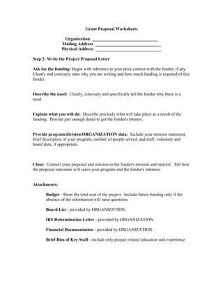 Grant Proposal Worksheets
Organization ______________________________
Mailing Address ______________________________
Physical Address ______________________________
Step 2: Write the Project Proposal Letter
Ask for the funding: Begin with reference to your prior contact with the funder, if any.
Clearly and concisely state why you are writing and how much funding is required of this
funder.
Describe the need: Clearly, concisely and specifically tell the funder why there is a
need.
Explain what you will do: Describe precisely what will take place as a result of the
funding. Provide just enough detail to get the funder's interest.
Provide program/division/ORGANIZATION data: Include your mission statement,
brief description of your program, number of people served, and staff, volunteer and
board data, if appropriate.
Close: Connect your proposal and mission to the funder's mission and interest. Tell how
the proposal outcomes will serve your program and the funder's interests.
Attachments:
Budget - Show the total cost of the project. Include future funding only if the
absence of the information will raise questions.
Board List - provided by ORGANIZATION.
IRS Determination Letter - provided by ORGANIZATION
Financial Documentation - provided by ORGANIZATION
Brief Bios of Key Staff - include only project related education and experience.
 