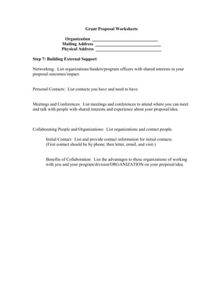 Grant Proposal Worksheets
Organization ______________________________
Mailing Address ______________________________
Physical Address ______________________________
Step 7: Building External Support
Networking: List organizations/funders/program officers with shared interests in your
proposal outcomes/impact.
Personal Contacts: List contacts you have and need to have.
Meetings and Conferences: List meetings and conferences to attend where you can meet
and talk with people with shared interests and experience about your proposal/idea.
Collaborating People and Organizations: List organizations and contact people.
Initial Contact: List and provide contact information for initial contacts.
(First contact should be by phone, then letter, email, and visit.)
Benefits of Collaboration: List the advantages to these organizations of working
with you and your program/division/ORGANIZATION on your proposal/idea.
 