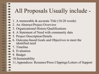 All Proposals Usually include -
1. A memorable & accurate Title (10-20 words)
2. An Abstract/Project Overview
3. Organizational History/Qualifications
4. A Statement of Need with community data
5. Project Description/Details
6. Outcome-based Goals and Objectives to meet the
identified need
7. Timeline
8. Evaluation
9. Budget
10.Sustainability
11.Appendices: Resumes/Press Clippings/Letters of Support
 