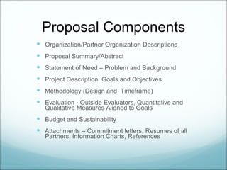 Proposal Components
 Organization/Partner Organization Descriptions
 Proposal Summary/Abstract
 Statement of Need – Problem and Background
 Project Description: Goals and Objectives
 Methodology (Design and Timeframe)
 Evaluation - Outside Evaluators, Quantitative and
   Qualitative Measures Aligned to Goals
 Budget and Sustainability
 Attachments – Commitment letters, Resumes of all
   Partners, Information Charts, References
 