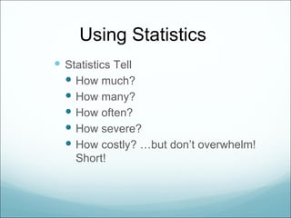 Using Statistics
 Statistics Tell
   How much?
   How many?
   How often?
   How severe?
   How costly? …but don’t overwhelm!
   Short!
 
