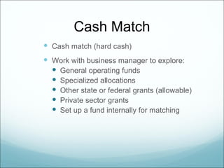 Cash Match
 Cash match (hard cash)
 Work with business manager to explore:
   General operating funds
   Specialized allocations
   Other state or federal grants (allowable)
   Private sector grants
   Set up a fund internally for matching
 