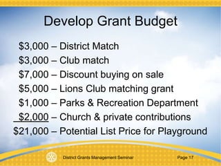 District Grants Management Seminar Page 17
Develop Grant Budget
$3,000 – District Match
$3,000 – Club match
$7,000 – Discount buying on sale
$5,000 – Lions Club matching grant
$1,000 – Parks & Recreation Department
$2,000 – Church & private contributions
$21,000 – Potential List Price for Playground
 
