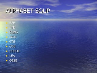 ALPHABET SOUP RFP FTE DUNS MOU CTE CDE USDOE LEA OESE 