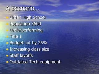 A Scenario… Urban High School Population 3600 Underperforming Title 1 Budget cut by 25% Increasing class size Staff layoffs Outdated Tech equipment 