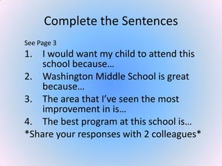 Complete the Sentences
See Page 3
1. I would want my child to attend this
school because…
2. Washington Middle School is great
because…
3. The area that I’ve seen the most
improvement in is…
4. The best program at this school is…
*Share your responses with 2 colleagues*
 