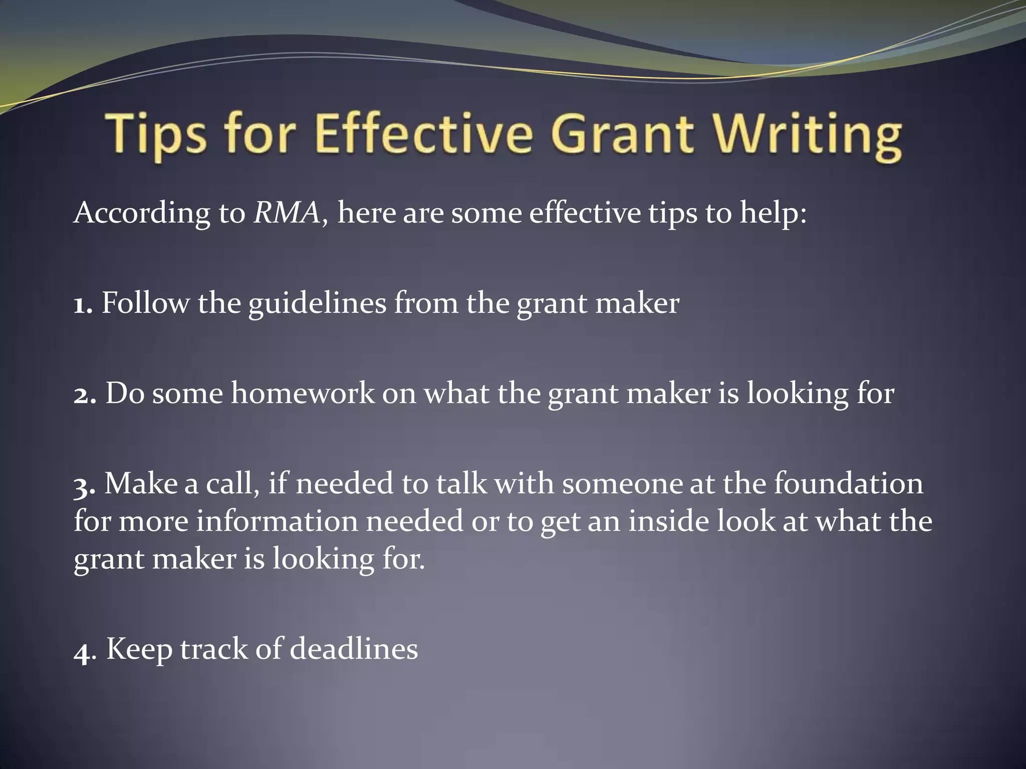 Getting PermissionBe sure to have the permission of ALL the people who you must go through to obtain a grantConsult your principal first as to who you will have to go throughMany schools are limited to the number of federal and state grants they can apply forALWAYS GET PERMISSION FIRST
