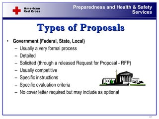 Types of Proposals Government (Federal, State, Local) Usually a very formal process  Detailed  Solicited (through a released Request for Proposal - RFP) Usually competitive Specific instructions Specific evaluation criteria No cover letter required but may include as optional 