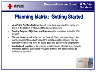Planning Matrix:  Getting Started Identify the Problem Statement  which consists of analysis of the  nature and extent  of the problem or need, and the  reasons or causes . Develop Program Objectives and Outcomes  that are related to the identified problem Discuss the Approach  to be used and how will it help overcome the problem identified in order to positively impact the target population. Discuss how that approach used will help meet the stated goals and objectives for the program. Conduct an Evaluation  of the program to determine its effectiveness. Through information obtained through the evaluation changes and alterations can be made to the approach 