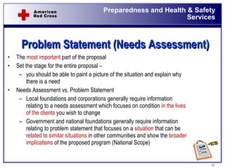Problem Statement (Needs Assessment) The  most important  part of the proposal Set the stage for the entire proposal –  you should be able to paint a picture of the situation and explain why there is a need Needs Assessment vs. Problem Statement Local foundations and corporations generally require information relating to a needs assessment which focuses on condition  in the lives of the clients  you wish to change Government and national foundations generally require information relating to problem statement that focuses on a  situation  that can be  related to similar situations  in other communities and show the  broader implications  of the proposed program (National Scope) 