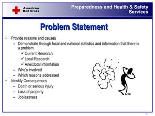 Problem Statement Provide reasons and causes Demonstrate through local and national statistics and information that there is a problem.  Current Research Local Research Anecdotal information Who’s involved Which reasons addressed Identify Consequences Death or serious injury Loss of property Joblessness 