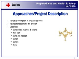 Approaches/Project Description Narrative description of what will be done Relates to reasons for the problem Describes Who will be involved & criteria Key staff  What will happen When Where  How 