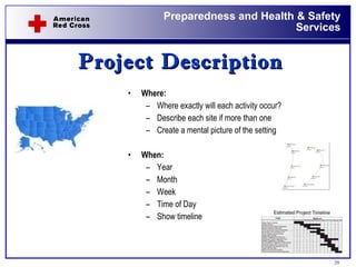 Project Description Where: Where exactly will each activity occur? Describe each site if more than one Create a mental picture of the setting When: Year Month Week Time of Day Show timeline 