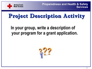 Project Description Activity In your group, write a description of your program for a grant application. 