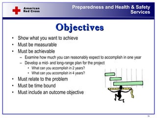 Objectives Show what you want to achieve Must be measurable  Must be achievable Examine how much you can reasonably expect to accomplish in one year Develop a mid- and long-range plan for the project What can you accomplish in 2 years? What can you accomplish in 4 years? Must relate to the problem Must be time bound Must include an outcome objective 
