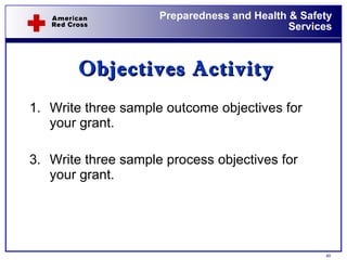 Objectives Activity Write three sample outcome objectives for your grant. Write three sample process objectives for your grant. 