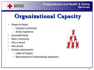 Organizational Capacity Mission & History Capacity to administer Similar experience Accomplishments Role in community Who is served How served Outside endorsements Letters of Support Memorandums of Understanding/ Agreement 