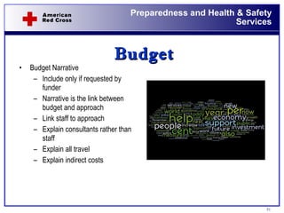 Budget Budget Narrative Include only if requested by funder Narrative is the link between budget and approach Link staff to approach Explain consultants rather than staff Explain all travel Explain indirect costs 