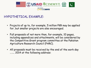 HYPOTHETICAL EXAMPLE: 
• Projects of up to, for example, 5 million PKR may be applied 
for, but smaller projects are also encouraged. 
• Full proposals of not more than, for example, 10 pages, 
including appendices and attachments, will be considered by 
the Competitive Grant program committee at the Pakistan 
Agriculture Research Council (PARC). 
• All proposals must be received by the end of the work day 
…….. 2014 at the following address: 
 