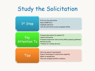 Study the Solicitation 
•Print out the solicitation 
•Read CAREFULLY 
•Highlight specifics 
•Use the solicitation as your proposal outline 
1st Step 
•Program description (to assess fit) 
•Award information 
•Proposal preparation instructions (AND proposal guidelines) 
•Review process 
•Timeline for funding decision 
Pay 
Attention To 
•Note any special requirements 
•Ensure Investigator & Institution eligibility 
•Make no assumptions 
•Plan your proposal months in advance 
Tips 
 