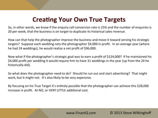 CreaYng	
  Your	
  Own	
  True	
  Targets	
  
So,	
  in	
  other	
  words,	
  we	
  know	
  if	
  the	
  enquiry	
  call	
  conversion	
  rate	
  is	
  25%	
  and	
  the	
  number	
  of	
  enquiries	
  is	
  
20	
  per	
  week,	
  that	
  the	
  business	
  is	
  on	
  target	
  to	
  duplicate	
  its	
  historical	
  sales	
  revenue.	
  	
  	
  
	
  	
  
How	
  can	
  that	
  help	
  the	
  photographer	
  improve	
  the	
  business	
  and	
  move	
  it	
  toward	
  serving	
  his	
  strategic	
  
targets?	
  	
  Suppose	
  each	
  wedding	
  nets	
  the	
  photographer	
  $4,000	
  in	
  proﬁt.	
  	
  In	
  an	
  average	
  year	
  (where	
  
he	
  had	
  24	
  weddings),	
  he	
  would	
  realize	
  a	
  net	
  proﬁt	
  of	
  $96,000.	
  
	
  	
  
Now	
  what	
  if	
  the	
  photographer’s	
  strategic	
  goal	
  was	
  to	
  earn	
  a	
  proﬁt	
  of	
  $124,000?	
  	
  If	
  he	
  maintained	
  his	
  
$4,000	
  proﬁt	
  per	
  wedding	
  it	
  would	
  require	
  him	
  to	
  have	
  31	
  weddings	
  in	
  the	
  year	
  (up	
  from	
  the	
  24	
  he	
  
historically	
  did).	
  
	
  	
  
So	
  what	
  does	
  the	
  photographer	
  need	
  to	
  do?	
  	
  Should	
  he	
  run	
  out	
  and	
  start	
  adver^sing?	
  	
  That	
  might	
  
work,	
  but	
  it	
  might	
  not.	
  	
  It’s	
  also	
  likely	
  to	
  be	
  very	
  expensive.	
  
	
  	
  
By	
  focusing	
  on	
  his	
  True	
  Target	
  it’s	
  en^rely	
  possible	
  that	
  the	
  photographer	
  can	
  achieve	
  this	
  $28,000	
  
increase	
  in	
  proﬁt.	
  	
  At	
  NO,	
  or	
  VERY	
  LITTLE	
  addi^onal	
  cost.	
  
	
  	
  
www.FinanIQ.com	
   ©	
  2013	
  Steve	
  Wilkinghoﬀ	
  
 