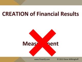 CREATION	
  of	
  Financial	
  Results	
  
	
  
	
  
	
  
Measurement	
  	
  
www.FinanIQ.com	
   ©	
  2013	
  Steve	
  Wilkinghoﬀ	
  
 