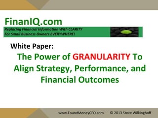 White	
  Paper:	
  
The	
  Power	
  of	
  GRANULARITY	
  To	
  
Align	
  Strategy,	
  Performance,	
  and	
  
Financial	
  Outcomes	
  
www.FoundMoneyCFO.com	
   ©	
  2013	
  Steve	
  Wilkinghoﬀ	
  
 
