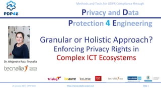 Methods and Tools for GDPR Compliance through
Privacy and Data
Protection 4 Engineering
Granular or Holistic Approach?
Enforcing Privacy Rights in
Complex ICT Ecosystems
25 January 2021 - CPDP 2021 https://www.pdp4e-project.eu/ Slide 1
Dr. Alejandra Ruiz, Tecnalia
 