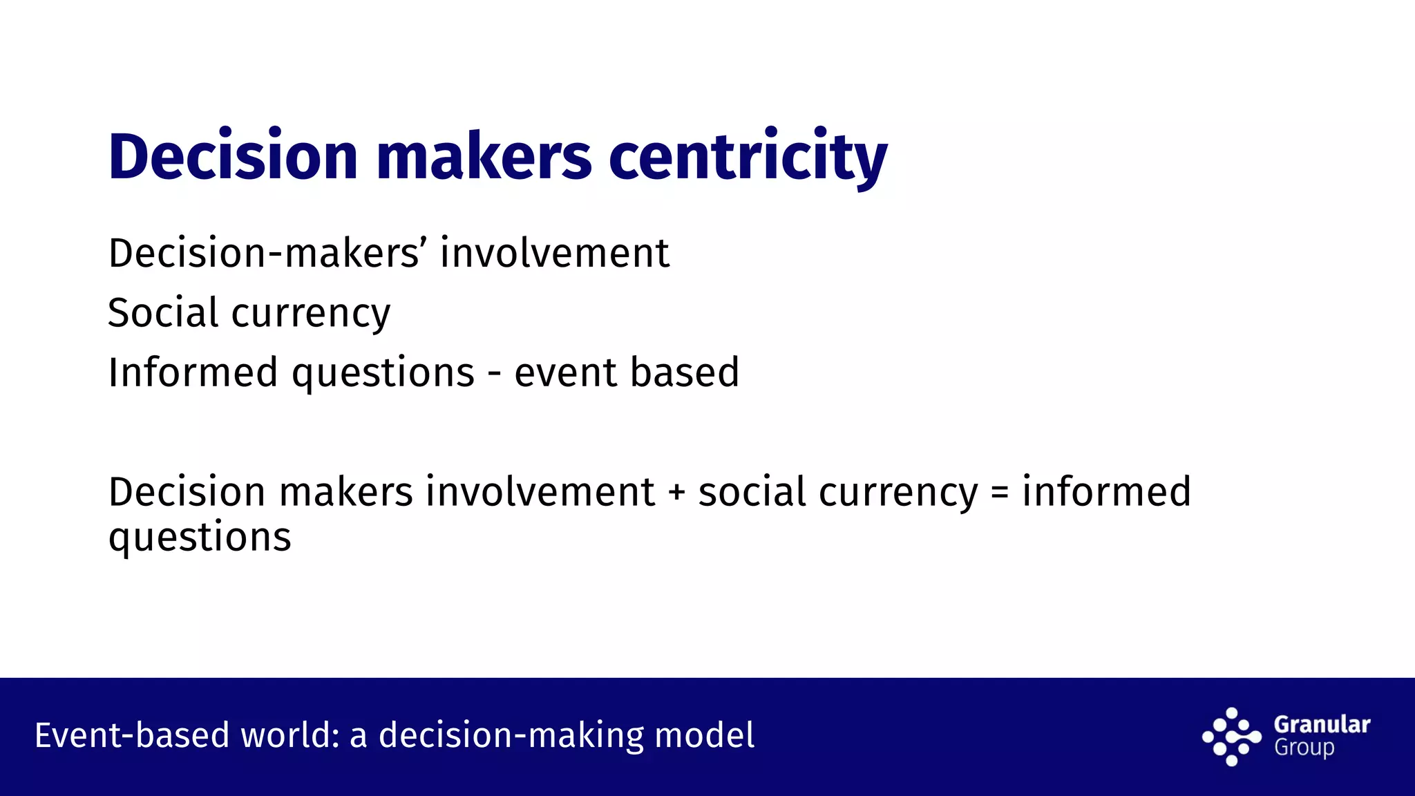 Event-based world: a decision-making model
Decision makers centricity
Decision-makers’ involvement
Social currency
Informed questions - event based
Decision makers involvement + social currency = informed
questions
 