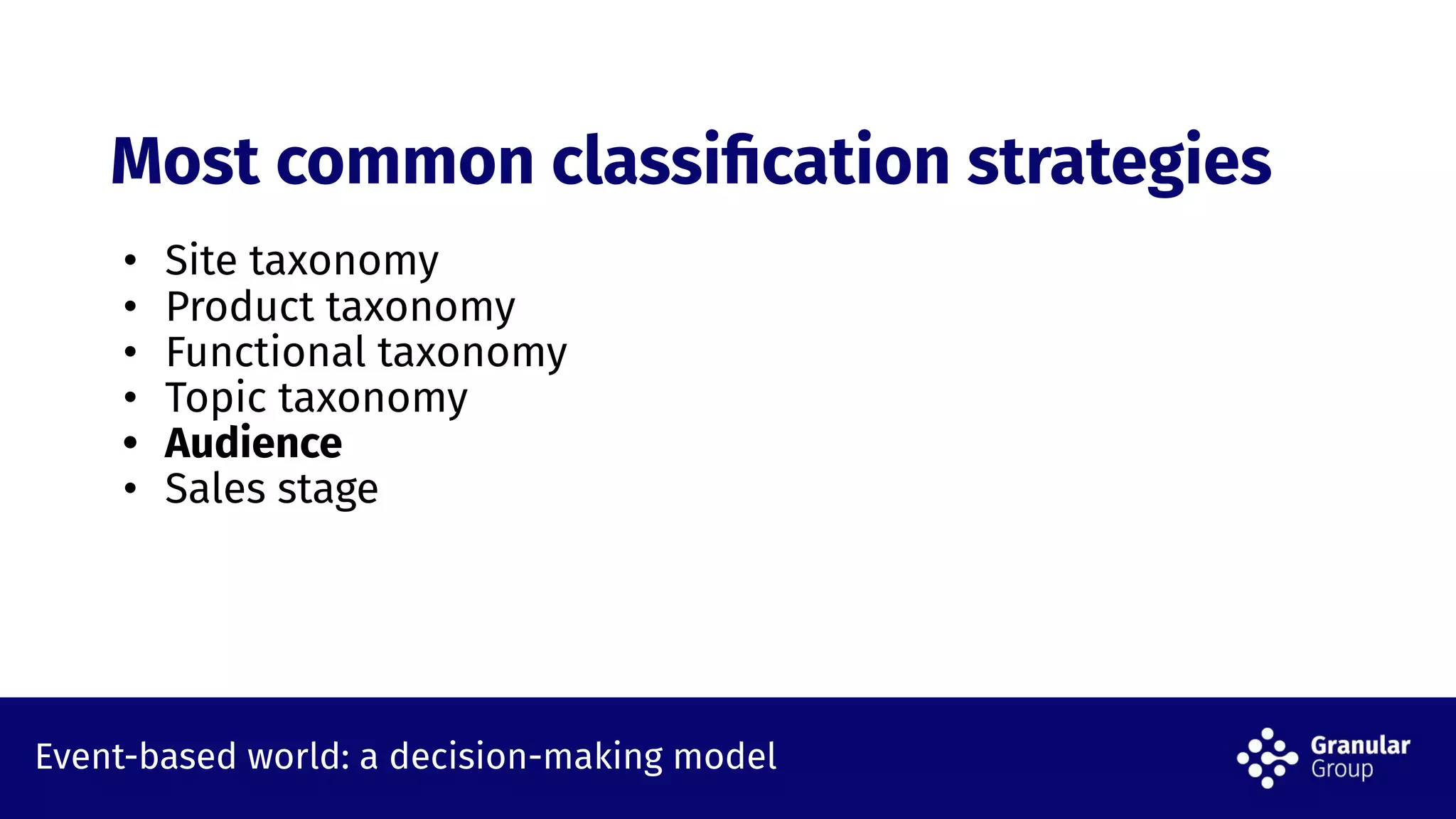 Event-based world: a decision-making model
Most common classiﬁcation strategies
• Site taxonomy
• Product taxonomy
• Functional taxonomy
• Topic taxonomy
• Audience
• Sales stage
 
