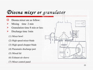 <ul><li>Diosna mixer are as follow: </li></ul><ul><li>Mixing  time  2 min </li></ul><ul><li>Granulation time 8 min or less...