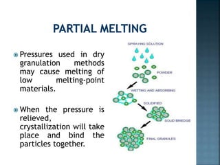  Pressures used in dry
granulation methods
may cause melting of
low melting-point
materials.
 When the pressure is
relieved,
crystallization will take
place and bind the
particles together.
 