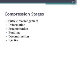 Compression Stages
• Particle rearrangement
• Deformation
• Fragmentation
• Bonding
• Decompression
• Ejection
52
 