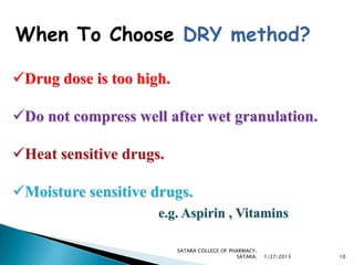 When To Choose DRY method?

Drug dose is too high.

Do not compress well after wet granulation.

Heat sensitive drugs.

Moisture sensitive drugs.
                     e.g. Aspirin , Vitamins

                          SATARA COLLEGE OF PHARMACY,
                                              SATARA.   1/27/2013   10
 