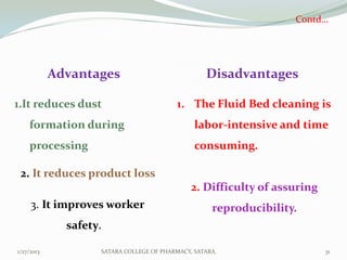 Contd…




            Advantages                             Disadvantages

1.It reduces dust                         1. The Fluid Bed cleaning is
    formation during                            labor-intensive and time
    processing                                  consuming.

 2. It reduces product loss
                                               2. Difficulty of assuring
     3. It improves worker                           reproducibility.
              safety.

1/27/2013           SATARA COLLEGE OF PHARMACY, SATARA.                    31
 