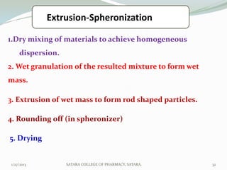  Extrusion-Spheronization
1.Dry mixing of materials to achieve homogeneous
    dispersion.
2. Wet granulation of the resulted mixture to form wet
mass.

3. Extrusion of wet mass to form rod shaped particles.

4. Rounding off (in spheronizer)

5. Drying


1/27/2013         SATARA COLLEGE OF PHARMACY, SATARA.    32
 