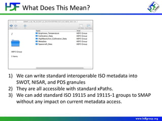 What Does This Mean?
1) We can write standard interoperable ISO metadata into
SWOT, NISAR, and PDS granules
2) They are all accessible with standard xPaths.
3) We can add standard ISO 19115 and 19115-1 groups to SMAP
without any impact on current metadata access.
 